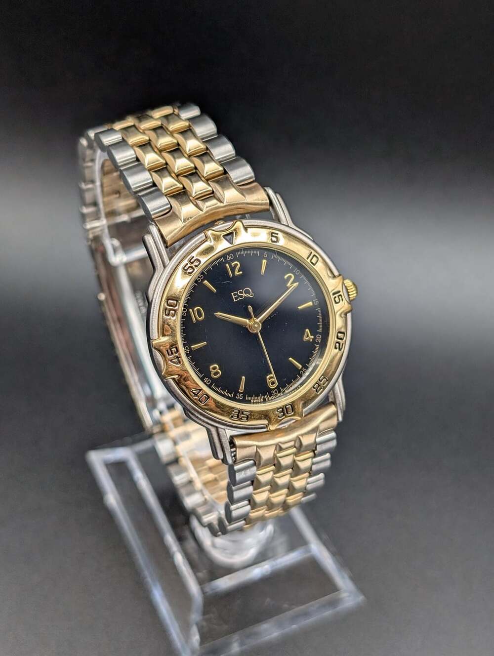 Vintage ESQ Two-Tone Quartz Ladies Watch, Black Dial Diver Bezel Bracelet
